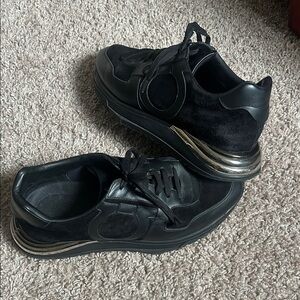 Salvatore Ferragamo Black Gancini patch  lace up Sneakers with silver heal 9M
